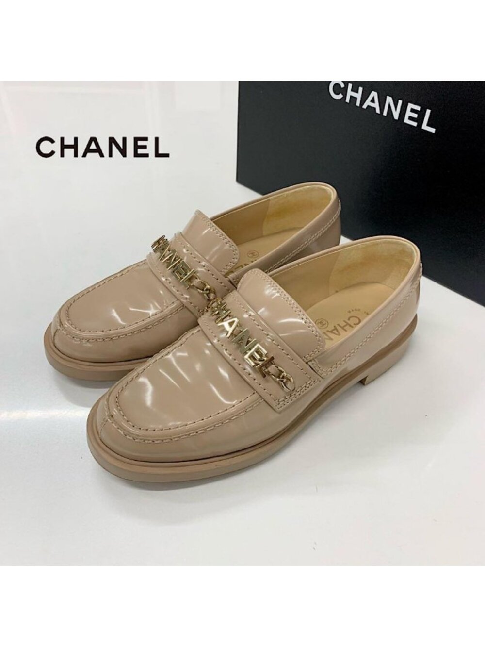 Chanel Logo CC Chain Leather Loafers Beige